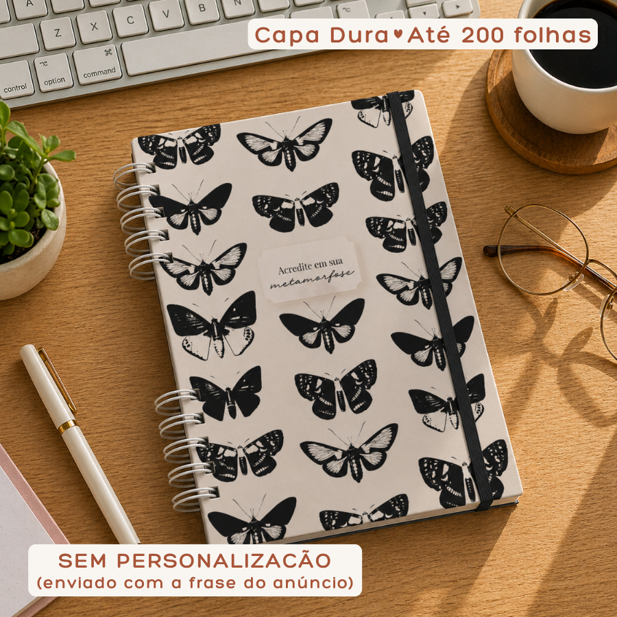 Caderno de Anotações Sem Personalização Floral Alfabeto Capa Dura Feminino Florido Borboletas Delicado Com Linhas