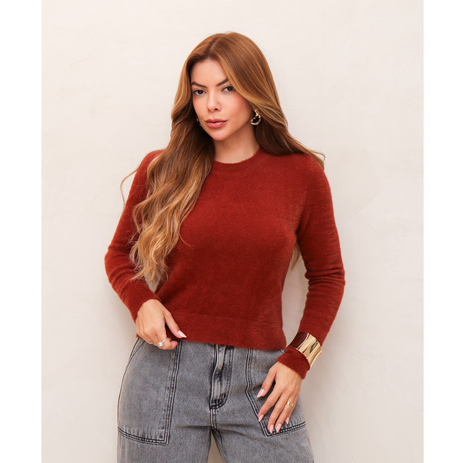 Blusa Feminina Tricot Peluciado Manga Longa Pelinho Elegante Confortável Moda Inverno SD3061