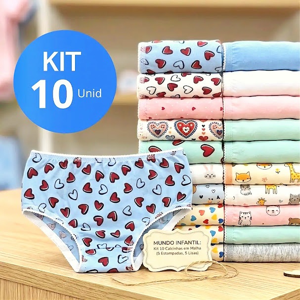 Kit 10 Calcinha Infantil Calçolinha em Malha Forro 100% Algodão Menina Com Estampas e Cores Lisas