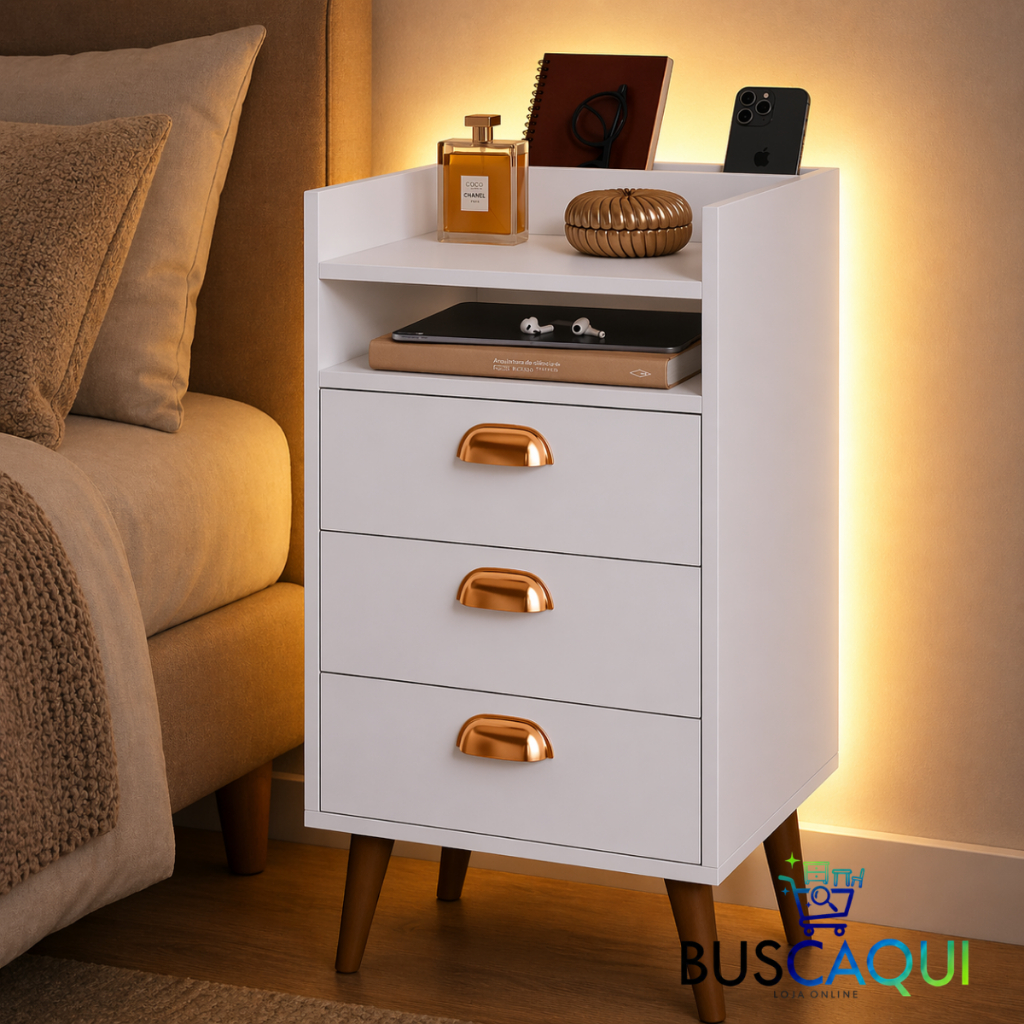 Mesa de Cabeceira Retrô 3 Gavetas Plus Organizadora Com Porta Celular Quarto Moderno Heloisa
