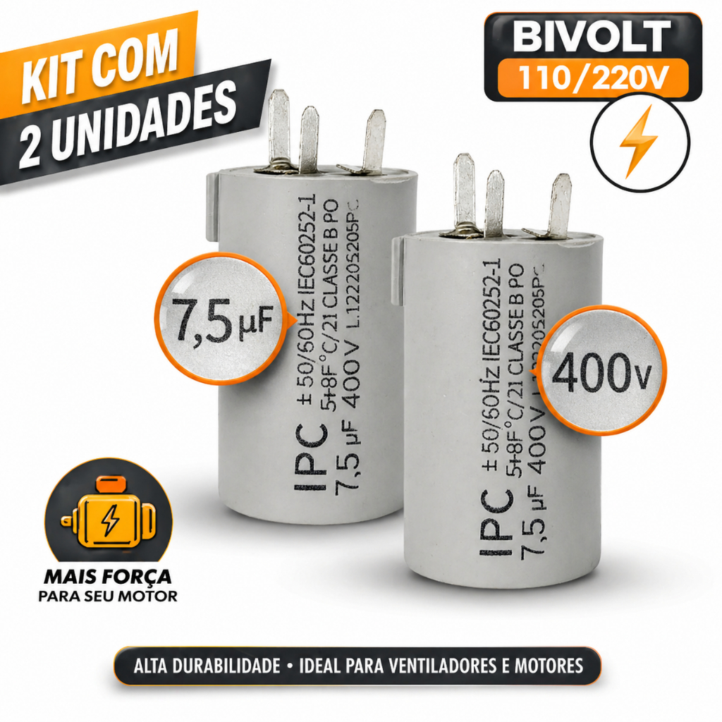Kit 2 Capacitor 7,5uf 400V Ventilador Exaustor Bombas Compatível Lorensid Ventidelta 3 pinos