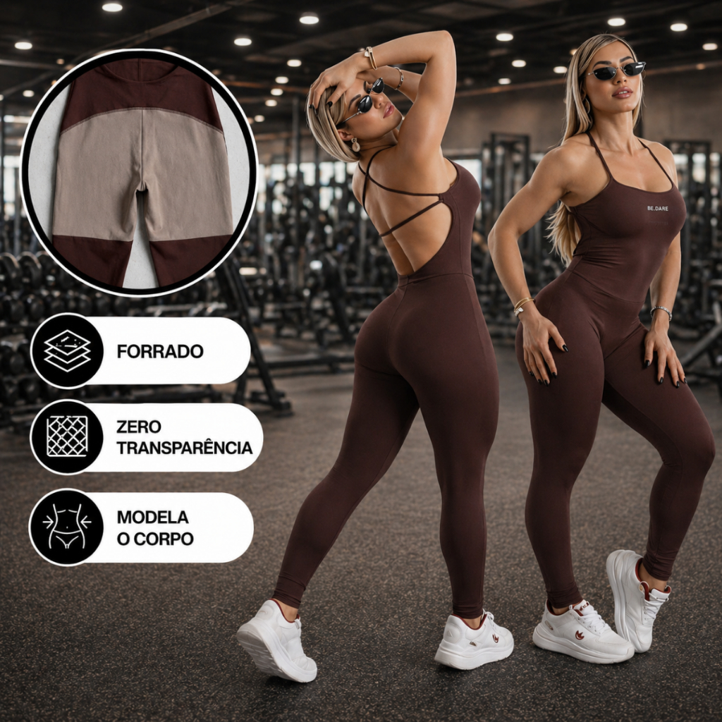 Macacão Academia Forrado Feminino Longo Fitness com Costas Abertas e de Alças Cruzadas em Suplex