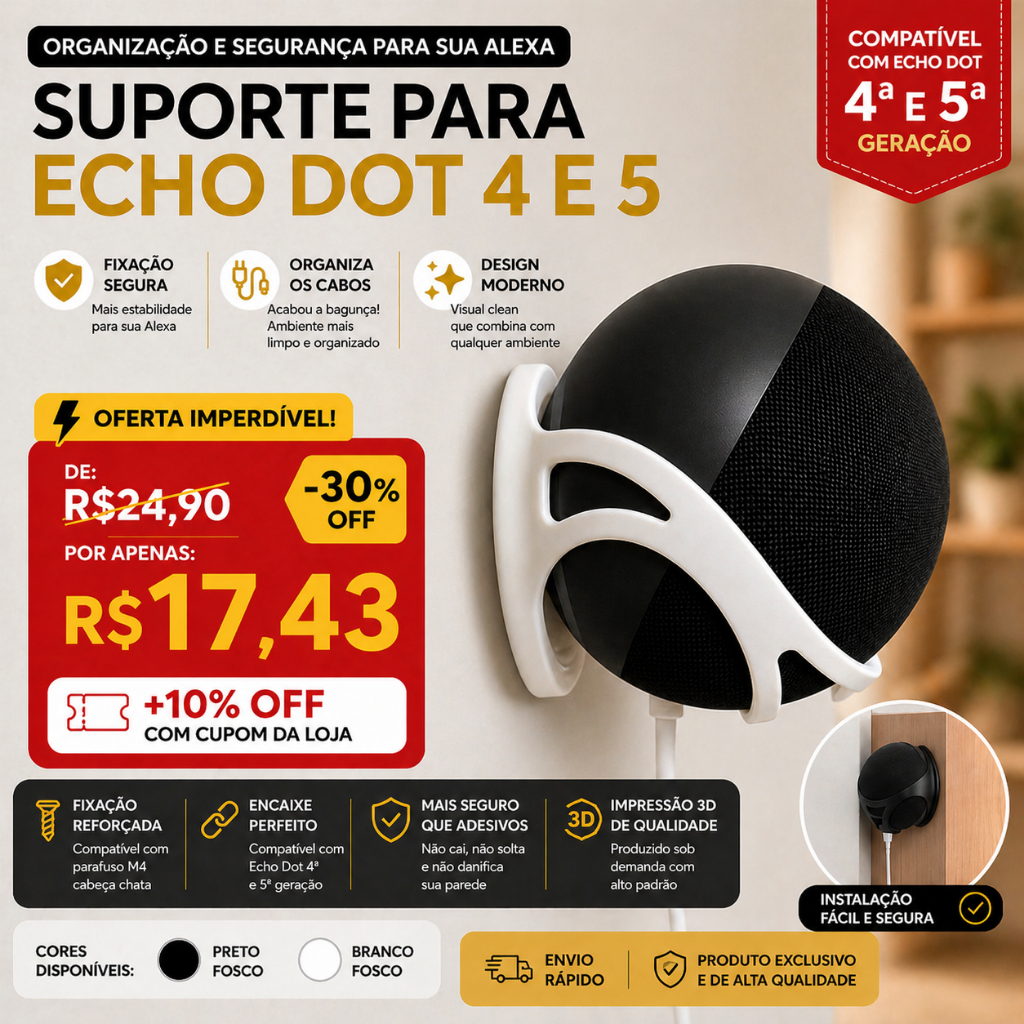 Suporte Echo Dot 4 e 5 Parede · Organizador de Cabos Alexa · Fixação Segura · Preto/Branco