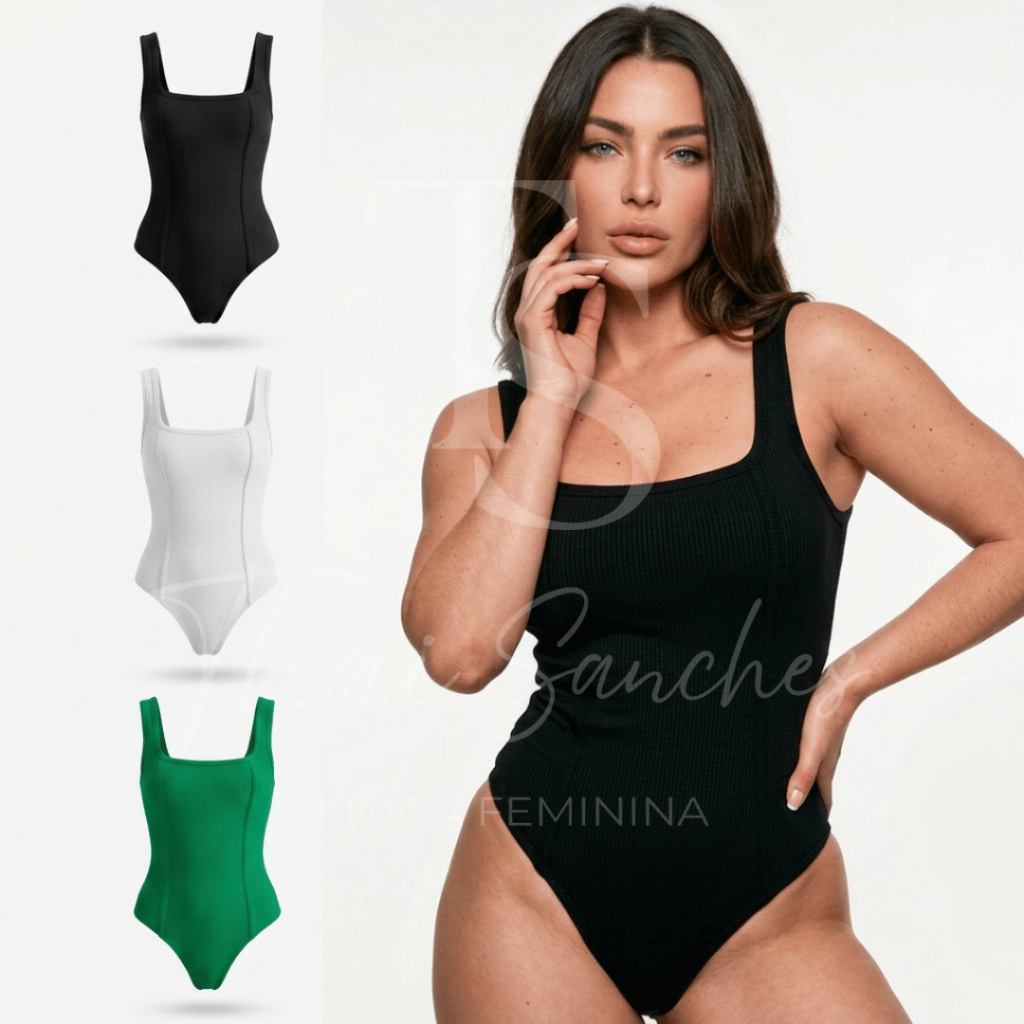 KIT Body Feminino Regata Decote Quadrado Canelado Premium Tendência Estilo Blogueira Versátil