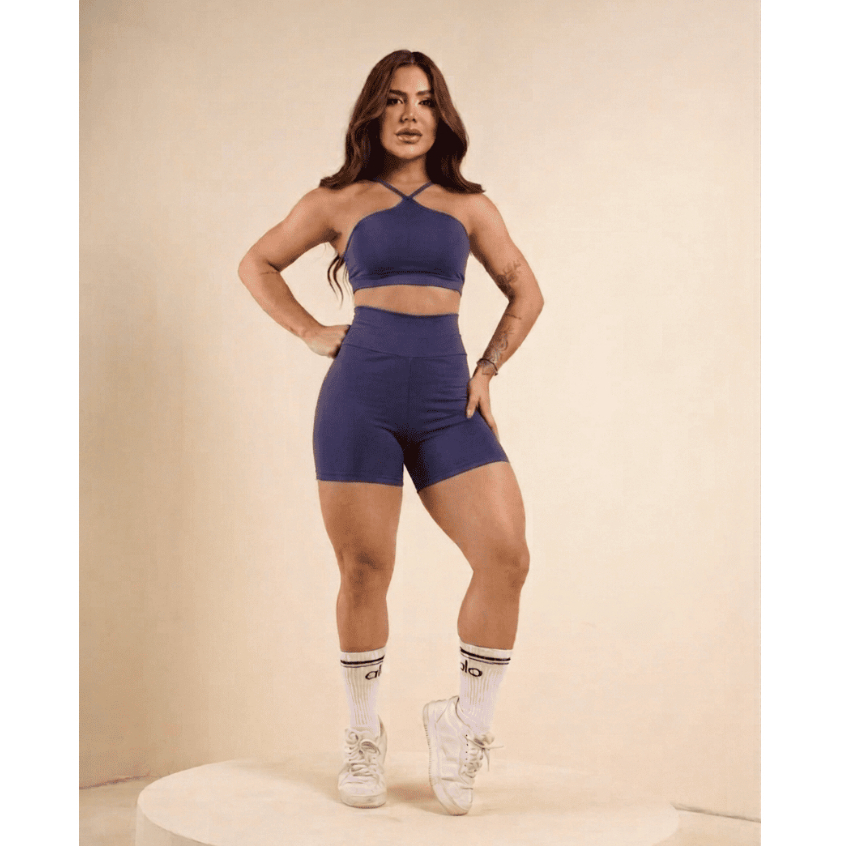 Conjunto de Academia Feminino Top + Short Azul Royal Curto Cintura Alta sem Transparência com Bojo Removível