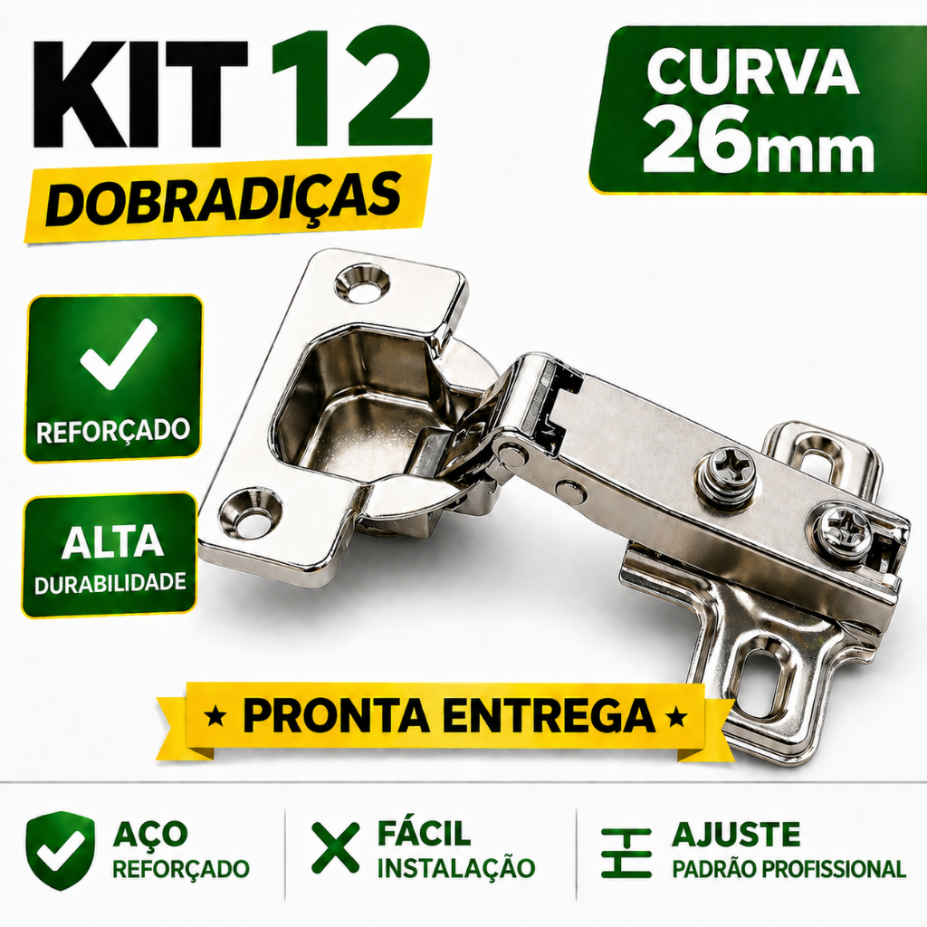 Kit 12 Dobradiça 26mm Curva Armário Porta Móveis Cozinha Guarda Roupa