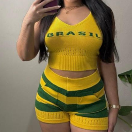 Conjunto Cropped  + Short Brasil Feminino Tricot Modal  2 Peças  Verão Copa Do Mundo 2026