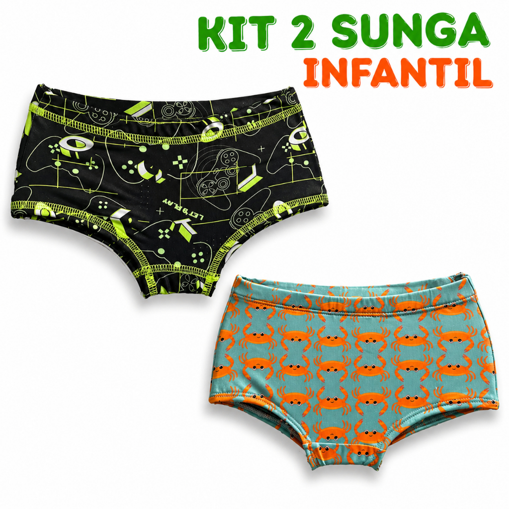 Kit 2 Sunga Infantil Proteção Solar Moda Praia e Banho Com Forro UV50+ Bebê Menino Juvenil 1 A 12 Anos Natação Piscina