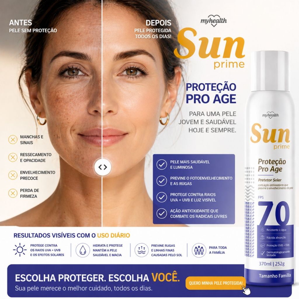 Protetor Solar Spray Sun Prime FPS 70 – Proteção Máxima Contra os Raios UVA e UVB 370ml Antioxidante