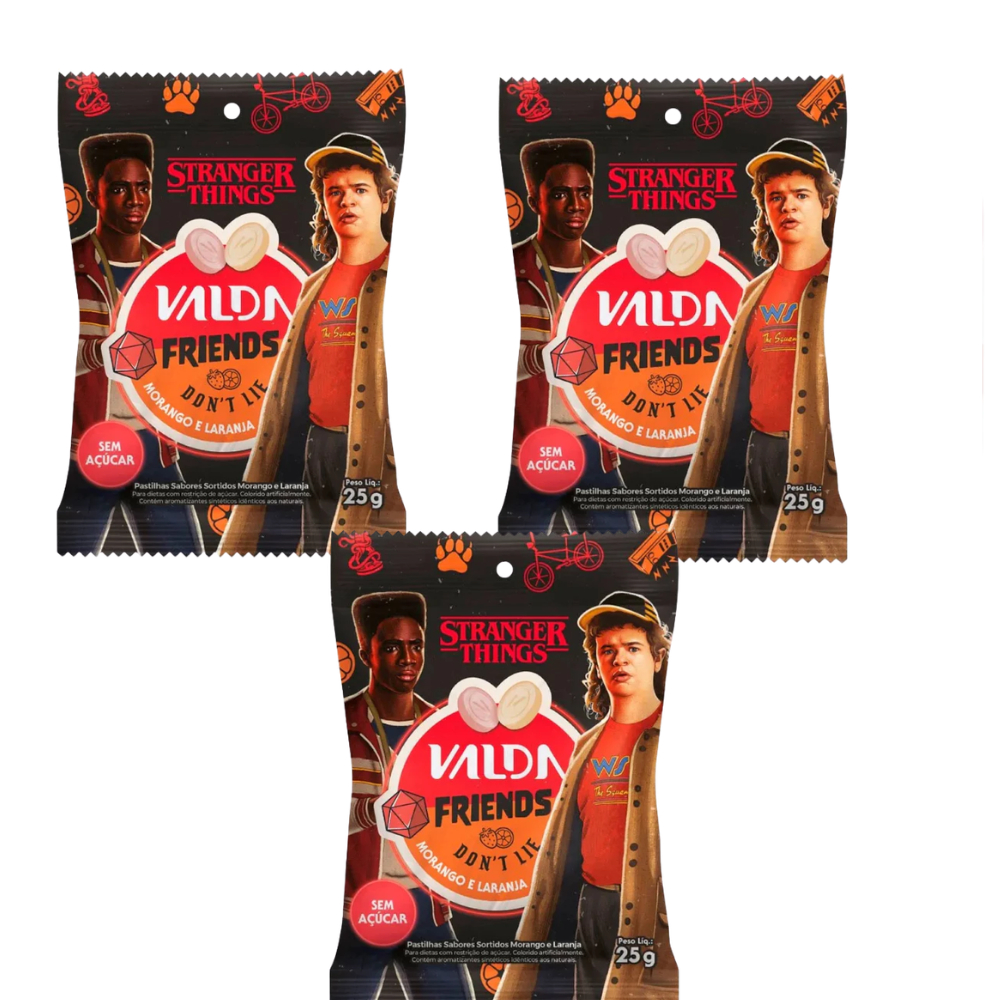 Kit C/3 Pastilhas Valda Stranger Things Friends Sachê Sabor Morango e Laranja 25g