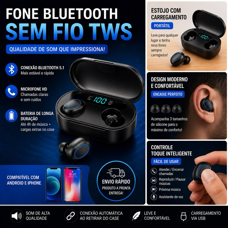 Fone Bluetooth Sem Fio TWS Com Display LED + Microfone Android iPhone