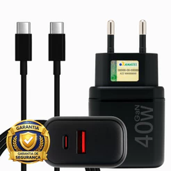 Carregador Turbo Duplo 40W USB e USB-C Tipo C Bivolt Preto Compatível Android e iOS