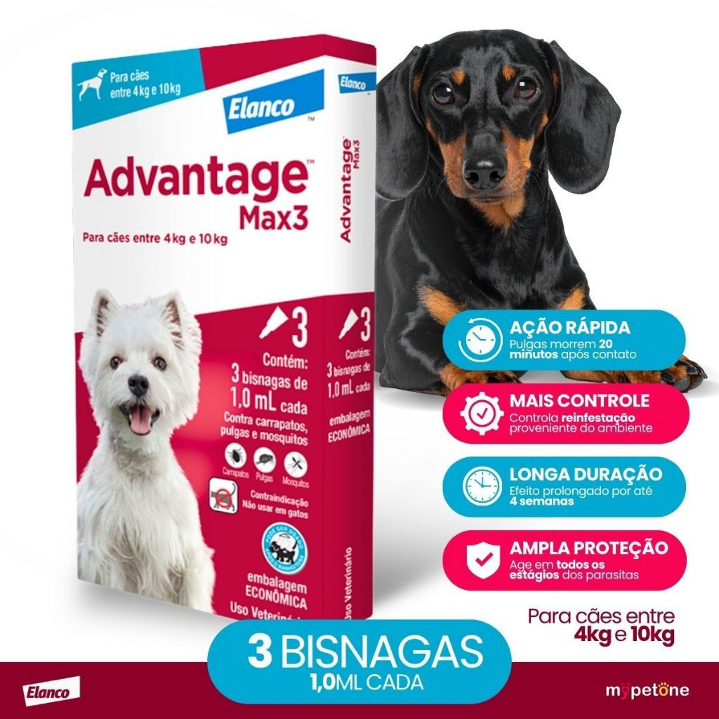 Advantage MAX3 1 mL Elanco para Cães de 4 a 10 Kg - 3 Bisnagas