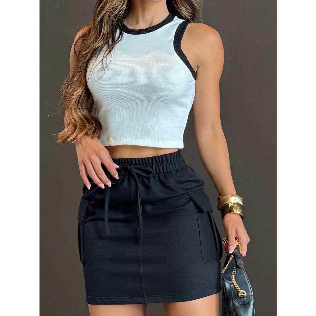 Conjunto Feminino Saia Cargo Moletinho + Cropped Regata Bicolor Novidade Verão 2026