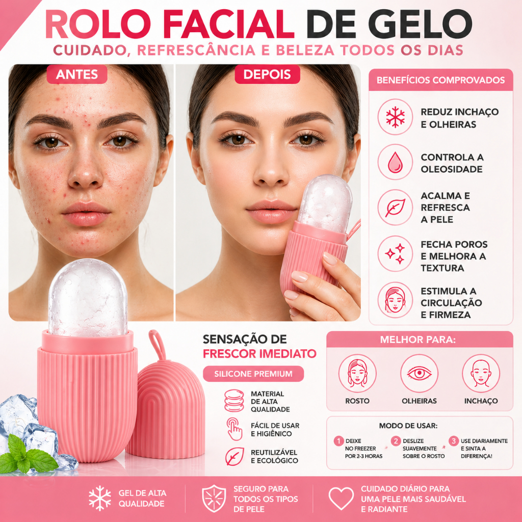 Rolo Facial de Gelo Silicone Cuidado Facial Massageador Rosto Olheiras Aliviar Inchaço Beleza Skincare