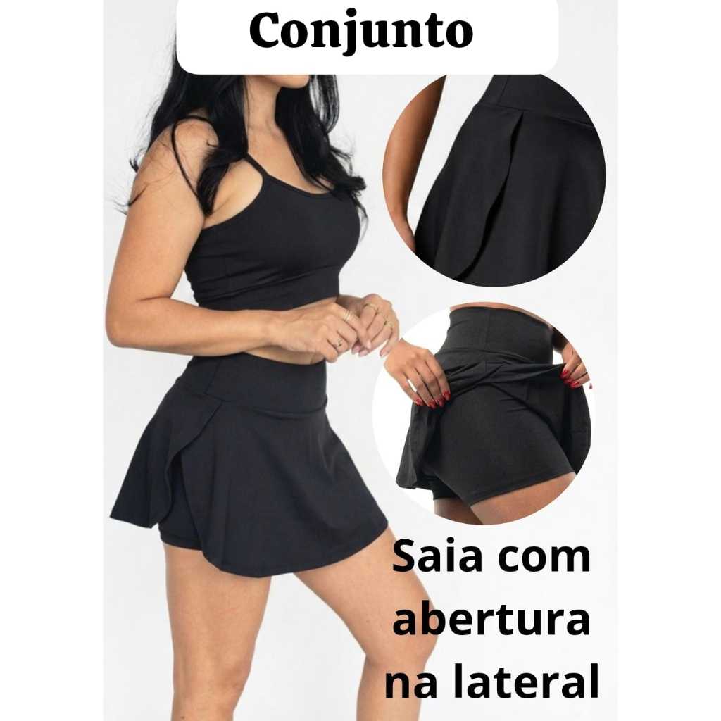 Conjunto Shorts Saia e Top Alça fitness Feminino Academia Treino Fitness Confortável Suplex