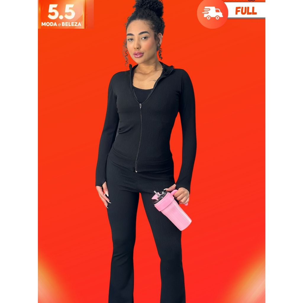 Conjunto Jaqueta  Ziper Manga longa com Dedal e Calca Flare Feminino conjunto fitnes