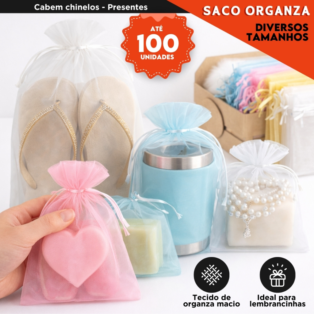 Saquinho De Organza Branco Para Lembrancinha Presente Joias Casamento Embalagem Diversos tamanhos BN