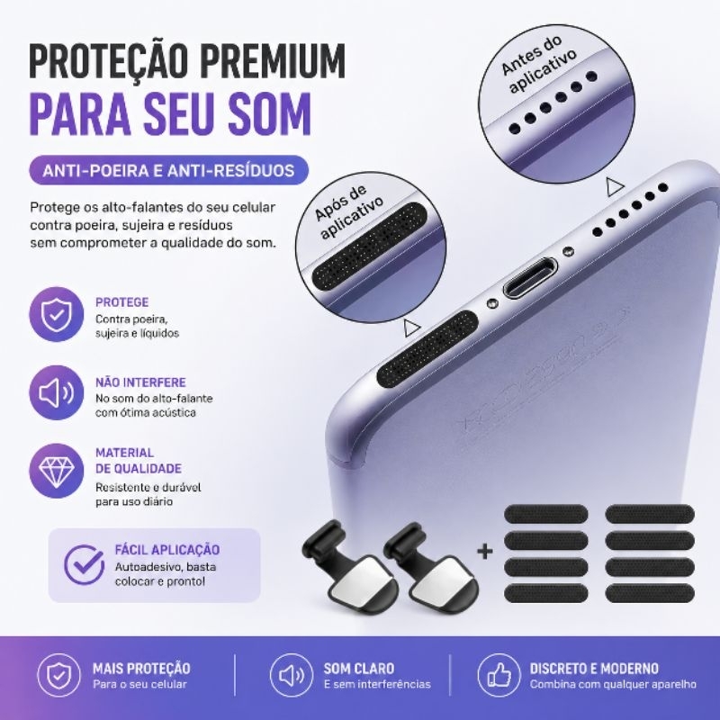 Protetor De Auto Falante Microfone de celular Prova de Poeira Anti-Pó pra tipo-c/ iphone Lightning