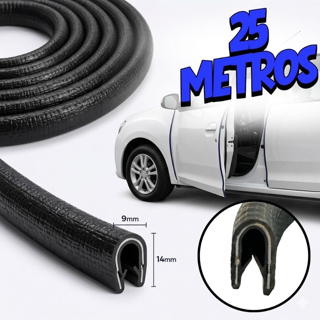 Borracha Proteção Borda Porta Carro Casca de Cobra Alta 9x14 mm com 25 metros