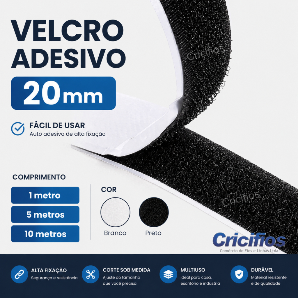 Velcro Adesivo 20mm Fita de Fixação Autocolante Uso Geral