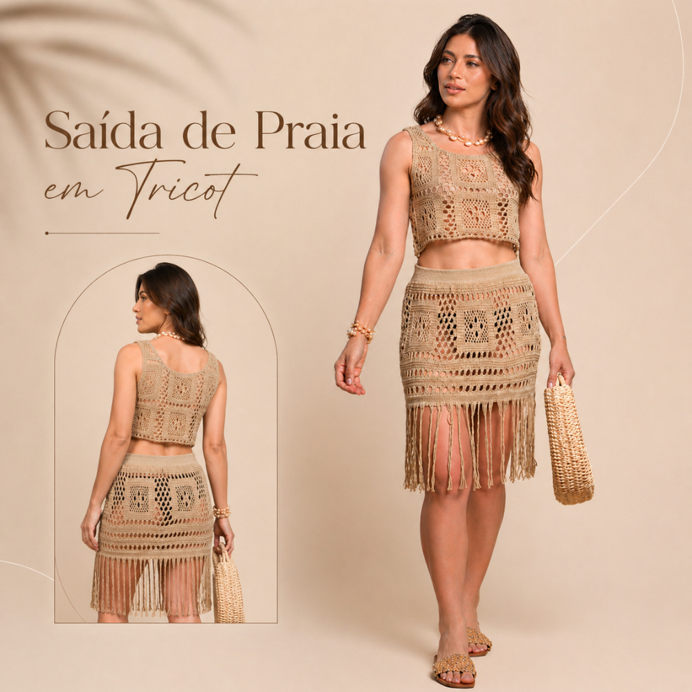 Saída de Praia Feminina Conjunto Crochê Tricô | Saia com Franja + Cropped | Moda Praia Verão Piscina