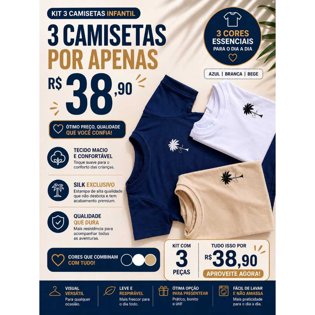 kit 3 camiseta infantil coqueiro 100% algodão 30.1 penteado