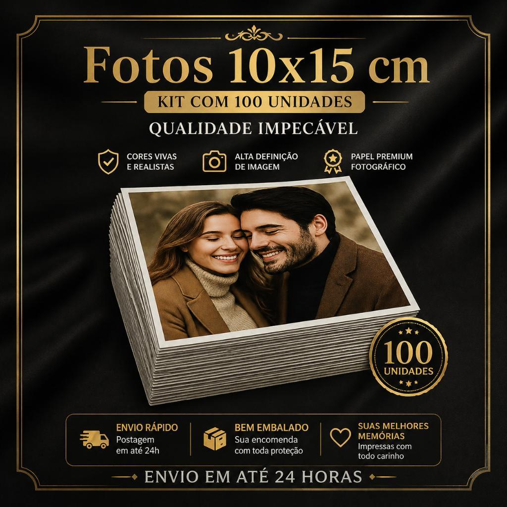 Kit 100 Fotos 10x15 cm Reveladas em Papel Fotográfico Premium – Alta Qualidade, Cores Vivas, Impressão Profissional