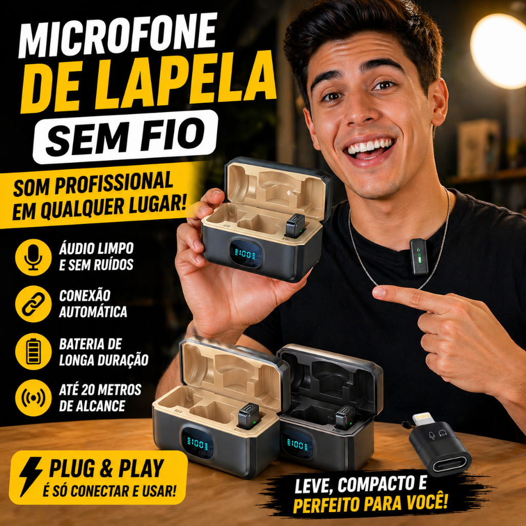Microfone Lapela Duplo Sem Fio Magnético Anti Ruído Tipo C + Adaptador USB-C p/ Lightning - (Cores Sortidas)