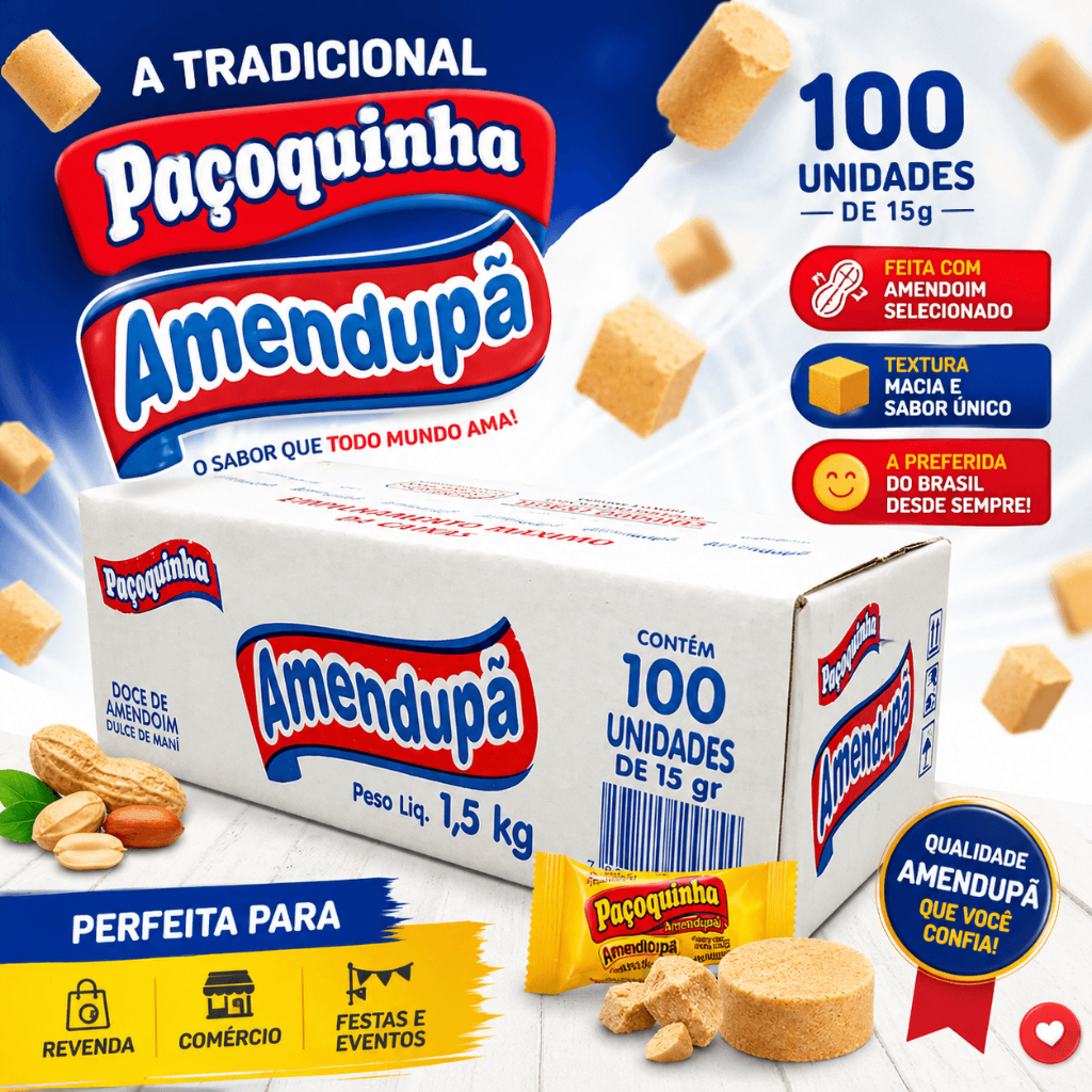 Paçoca Rolha Amendupã Caixa com 100 unidades 1,5Kg