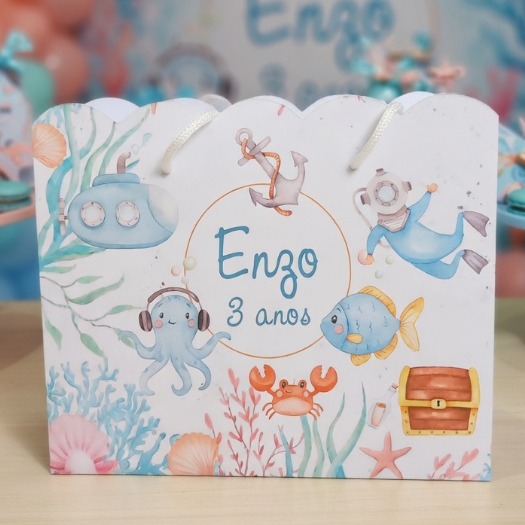 Sacolinhas Personalizadas Fundo do Mar Aquarela Azul Menino  (G) | Lembrancinhas Festa Infantil Pegue e Monte