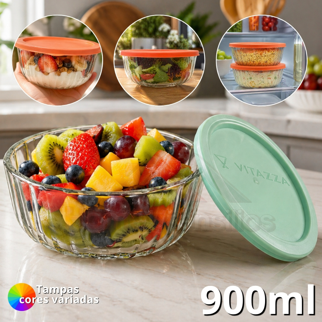 Tigela Pote Redondo De Vidro 900ML Tampa Plastica