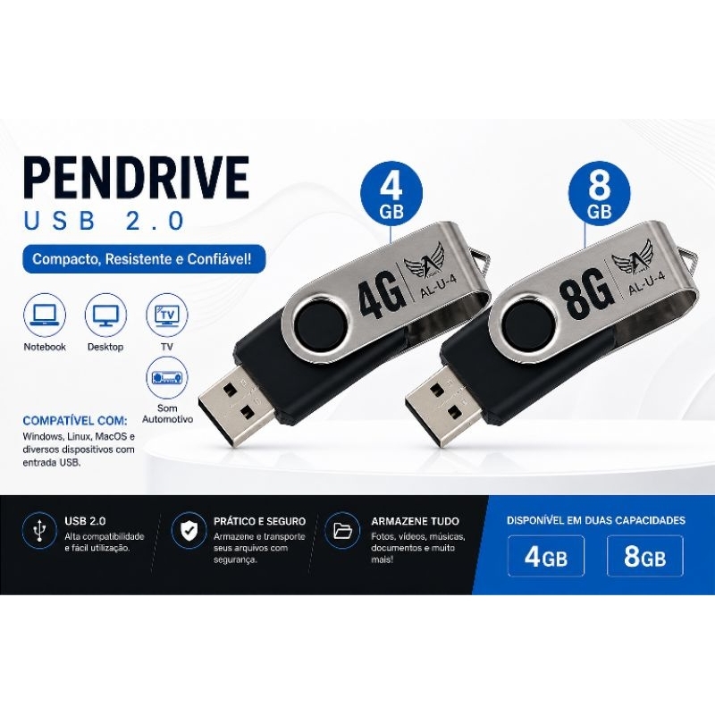 Pendrive 4GB 8GB USB 2.0 Rápido p/ TV Som Carro Notebook Entrega Rápida ORIGINAL