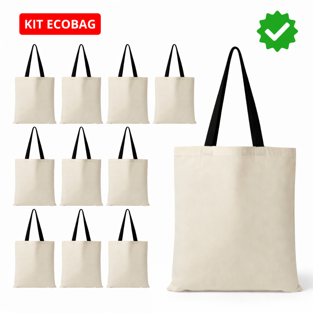 kit Sacola bolsa ecobag 33x40cm 100% algodão cru lisa - alça preta ecobag sem estampa para personalizar