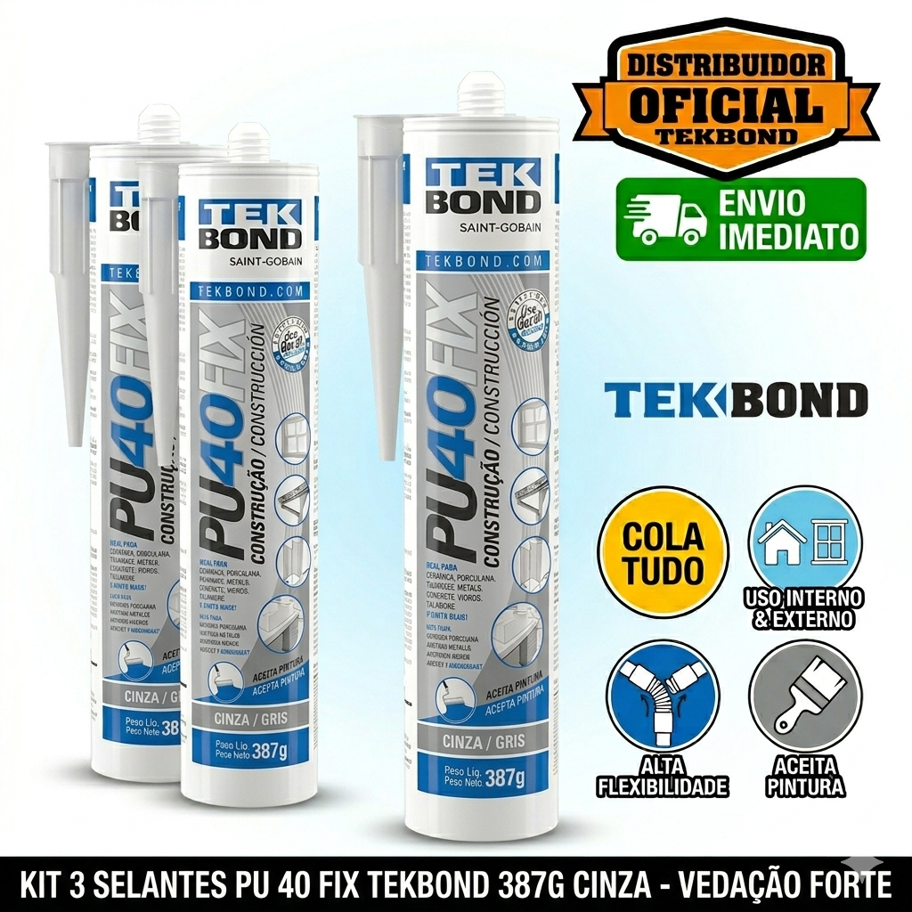 Kit 3 Unidades Cola PU 40 Fix Tekbond 387g Cinza - Selante Poliuretano Calhas e Pisos - Vedação Forte e Flexível