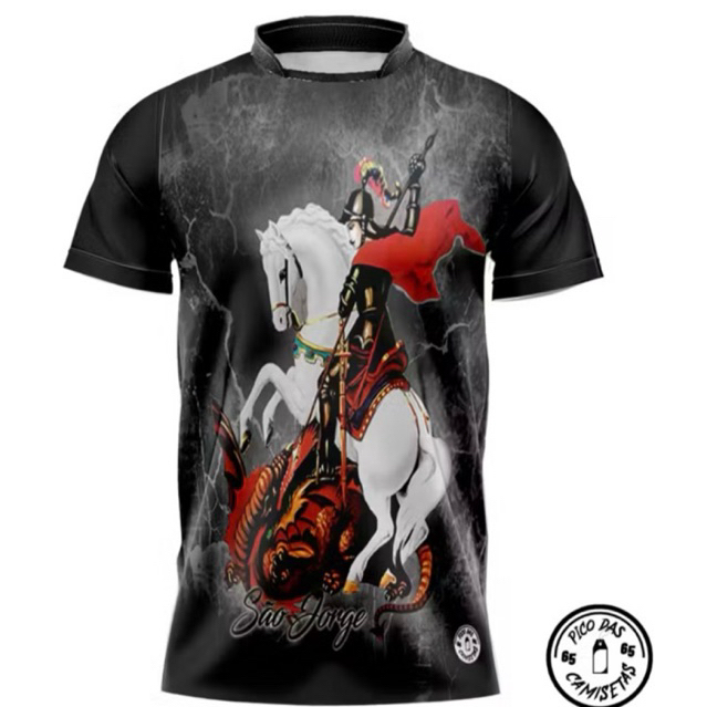 Camiseta São Jorge Preta Religiosa Umbanda Oração Matriz Africana Dry Fit Sublimação