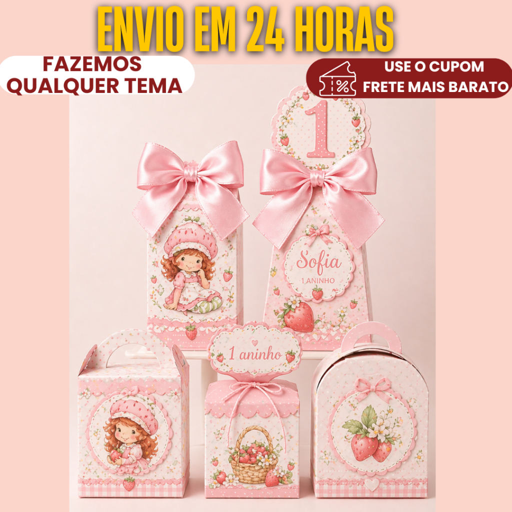Caixinha Personalizada Moranguinho rosa - Lembrancinha para Festa aniversário PEGUE E MONTE