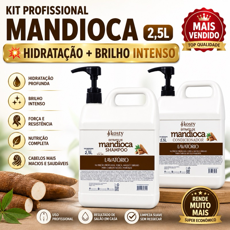 Kit Shampoo + Condicionador Mandioca 2,5L Kosty Profissional | Hidratação Profunda + Brilho Intenso Salão
