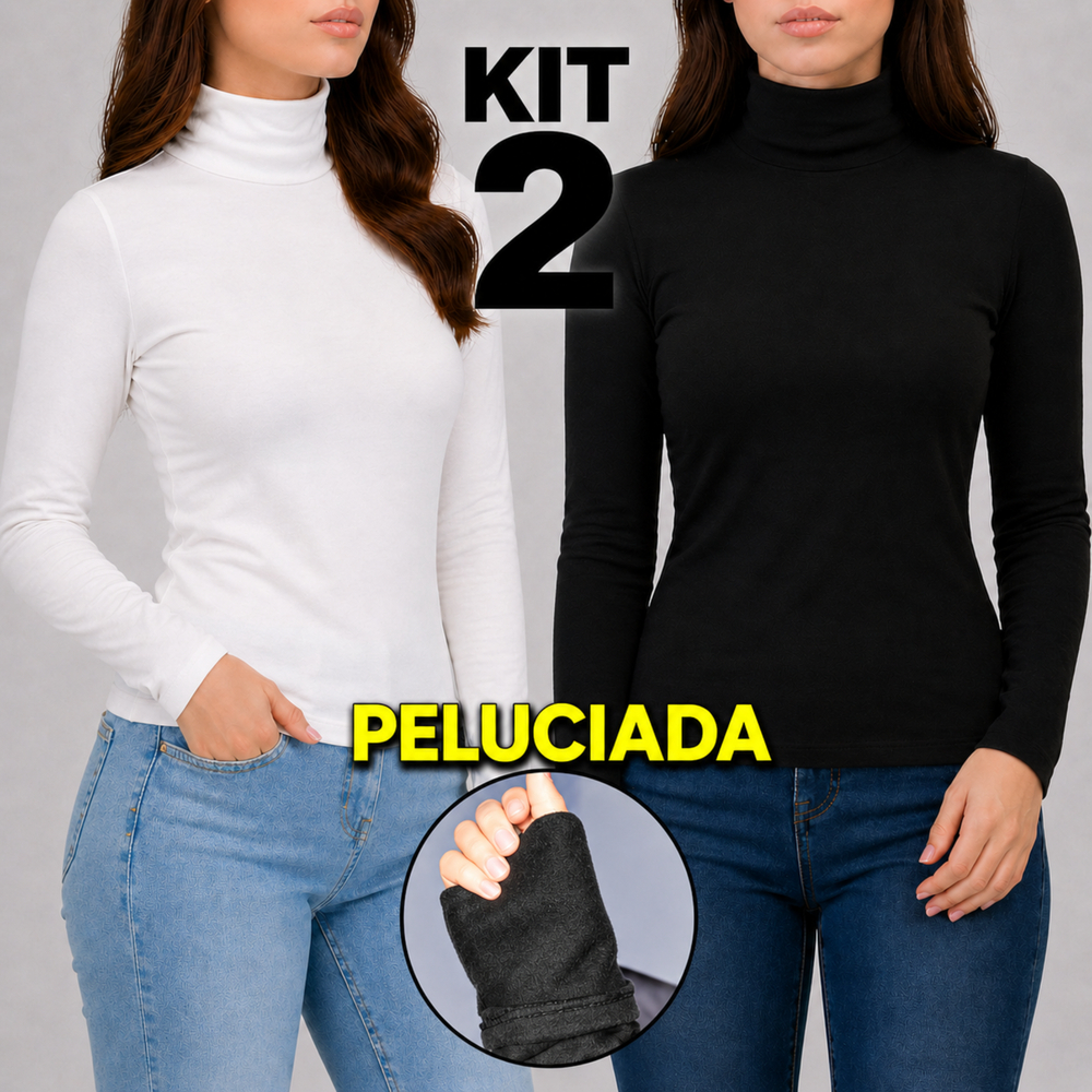 Kit 2 Blusa Cacharrel Feminina Segunda Pele Térmica Peluciada Gola Alta Manga Longa Inverno