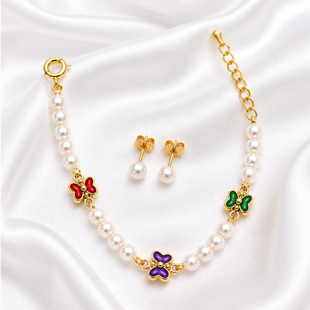 Pulseira Infantil Pérolas com Borboletas Coloridas + Brincos Pérola Kit Luxo Menina Delicado Dourado