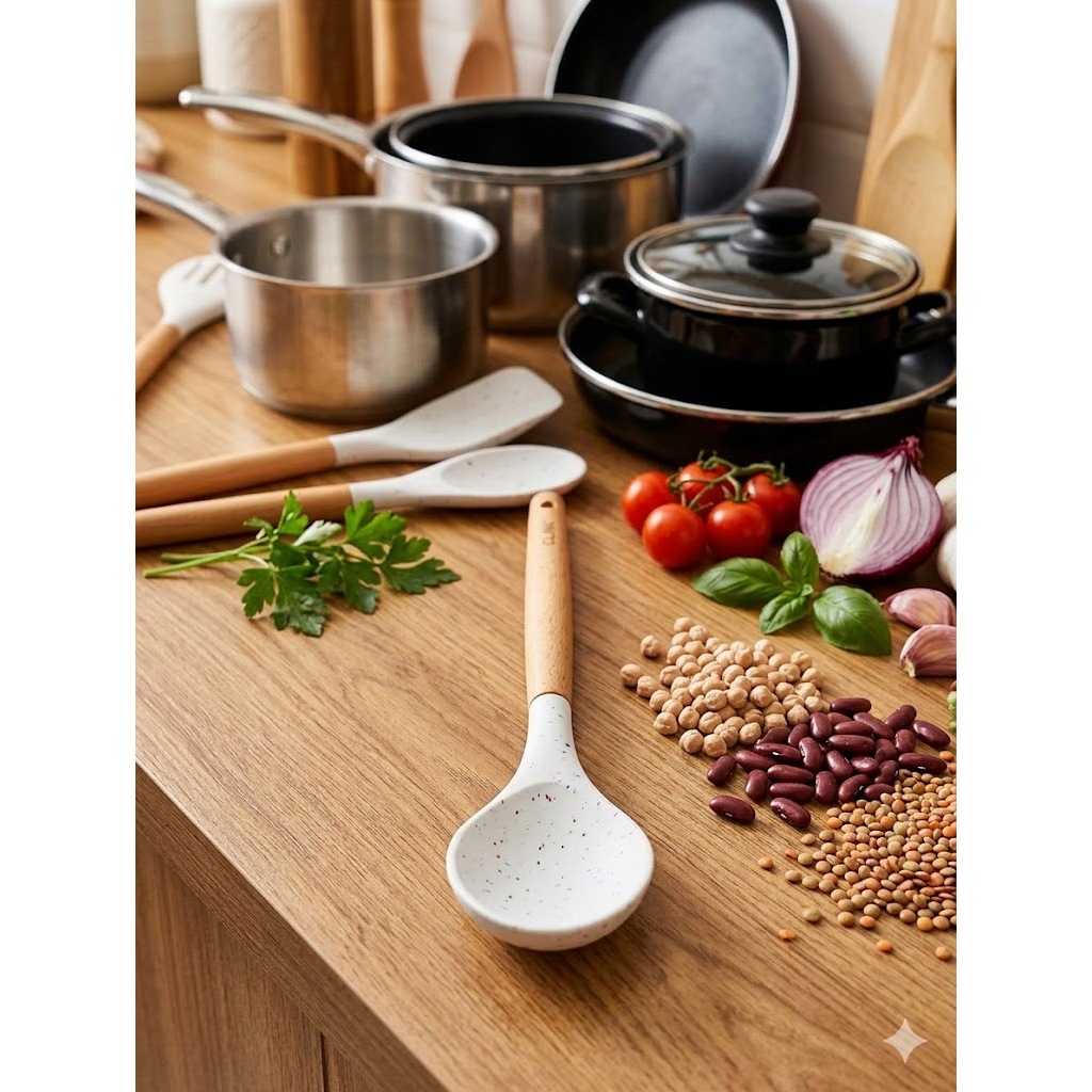 Linda, Pratica e Não Gruda: COLHER, ESPATULA, COLHER VAZADA, CONCHA e PEGADOR de Silicone Cabo Madeira