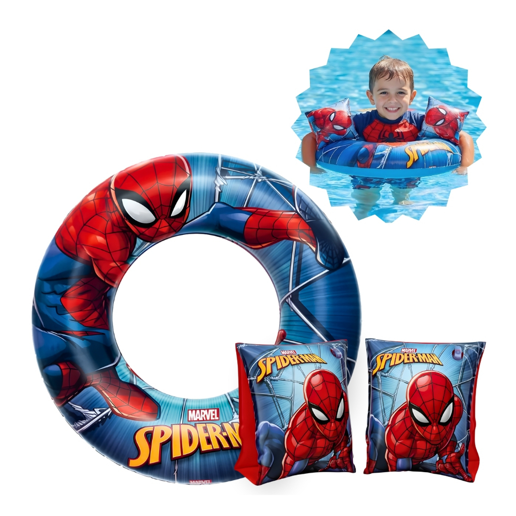 Kit boias homem aranha c/ braços e corpo azul, menino, piscina, bóia inflável infantil, criança
