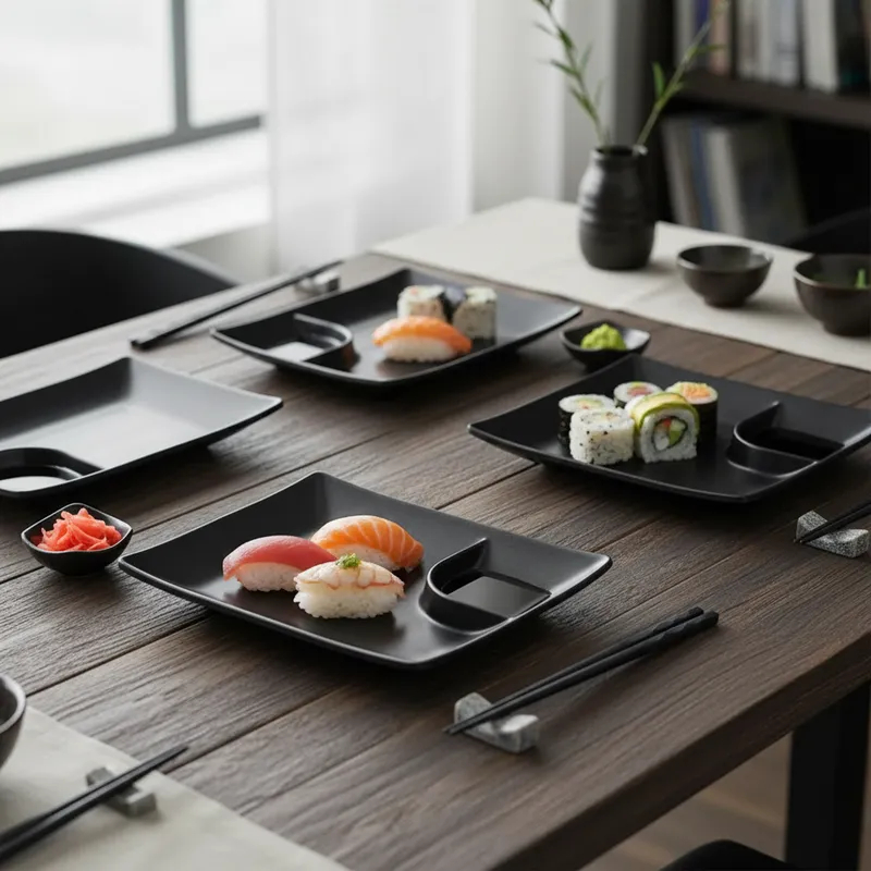 Kit 8 Pratos Travessa Melamina Sushi Comida Japonesa Molheira Restaurante Temaki Salmão Atum Wasabi
