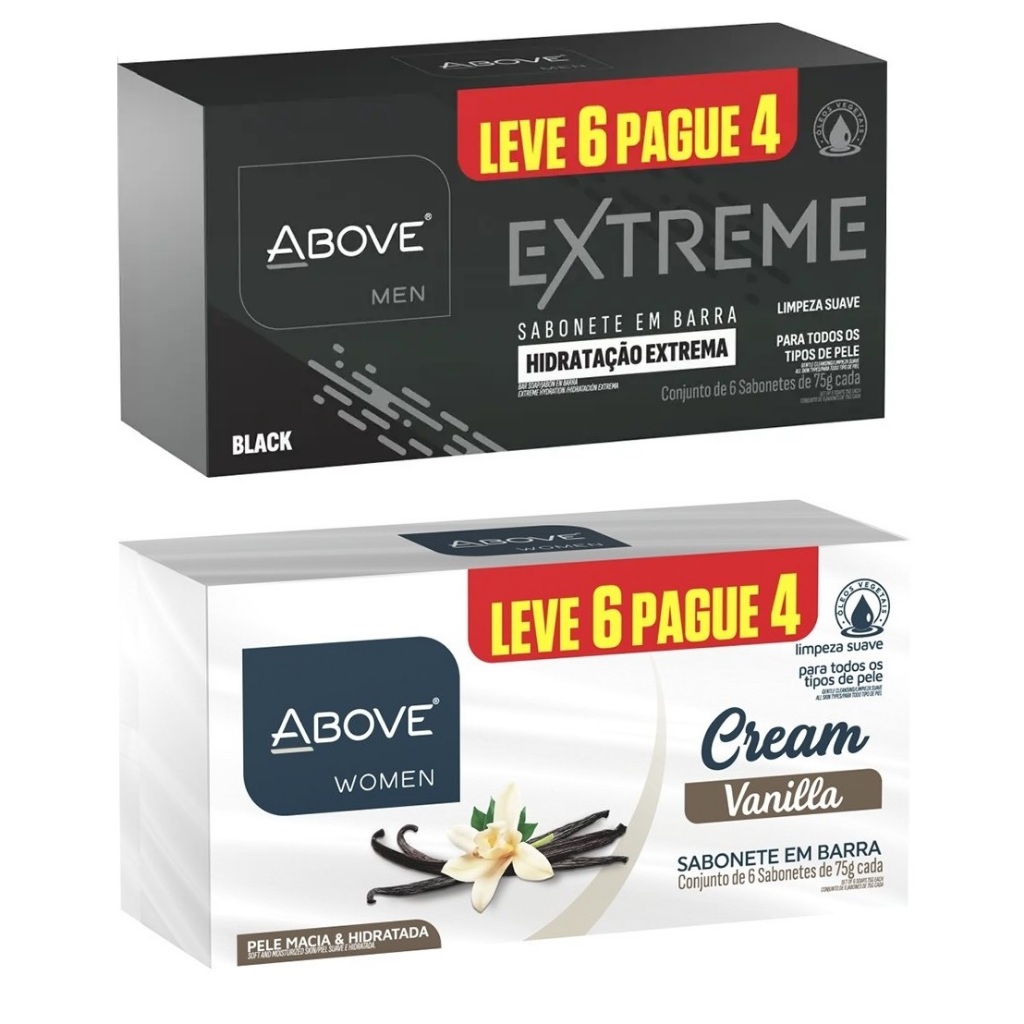 Kit 6 e 12  Sabonetes Above 75g Masculino E Feminino | Extreme Black e Cream Vanilla | Cheiroso e Hidratante