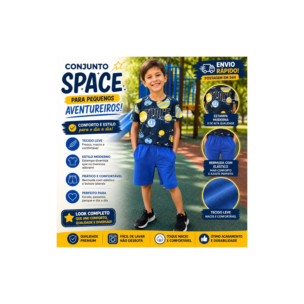 Conjunto Infantil Masculino Space Menino Camiseta Estampada + Bermuda Confortável Roupa Infantil Dia a Dia