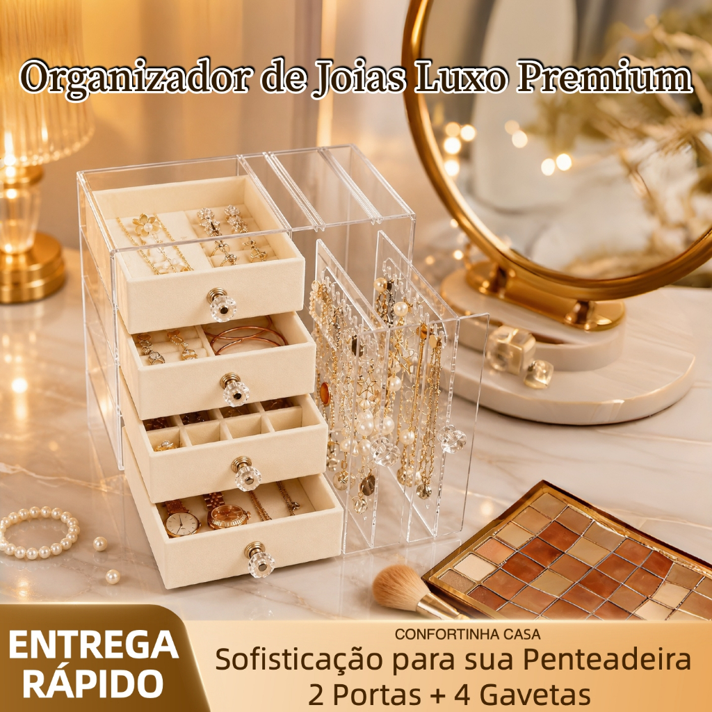 Porta Joias Acrílico Luxo 4 Gavetas Porta Brinco Organizador Anel Colar Pulseira