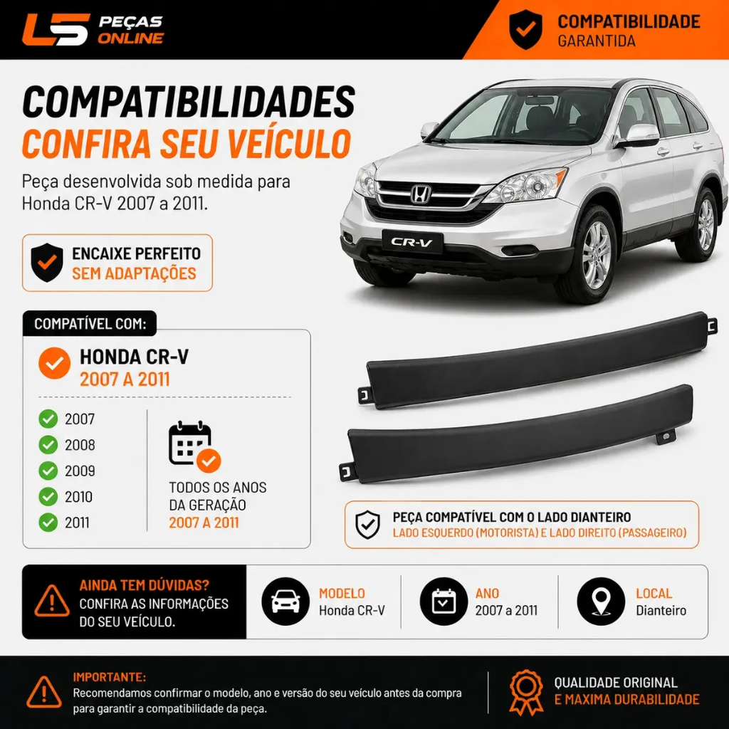Kit Par Moldura Acabamento Parachoque Honda Crv 2007 A 2011 Lado Esquerdo Lado Direito Preto