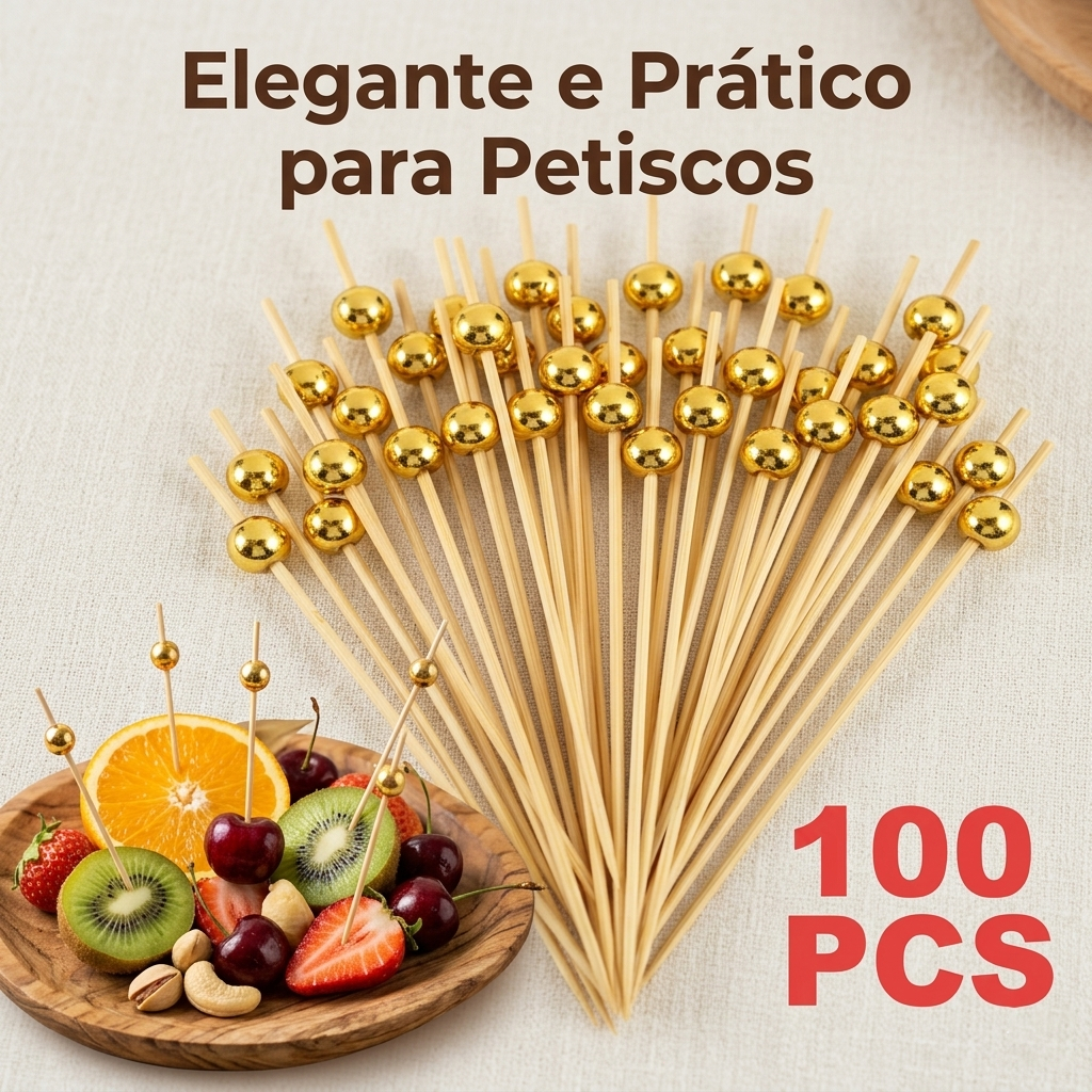 Kit 100 Palitos de Bambu Para Petisco Decorado Bolinha dourada 12cm