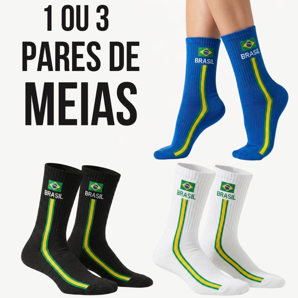 Meia Feminina em Algodão Kit com até 3 Pares de Meias do Brasil Caminhadas e Academia - Promoção !