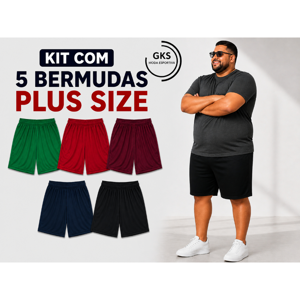 KIT 5 BERMUDA PLUS SIZE MASCULINA LISAS ESPORTE